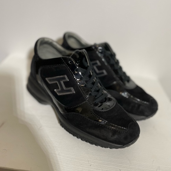 HOGAN WOMENS Interactive Flock black patent and suede sneaker SIZE
